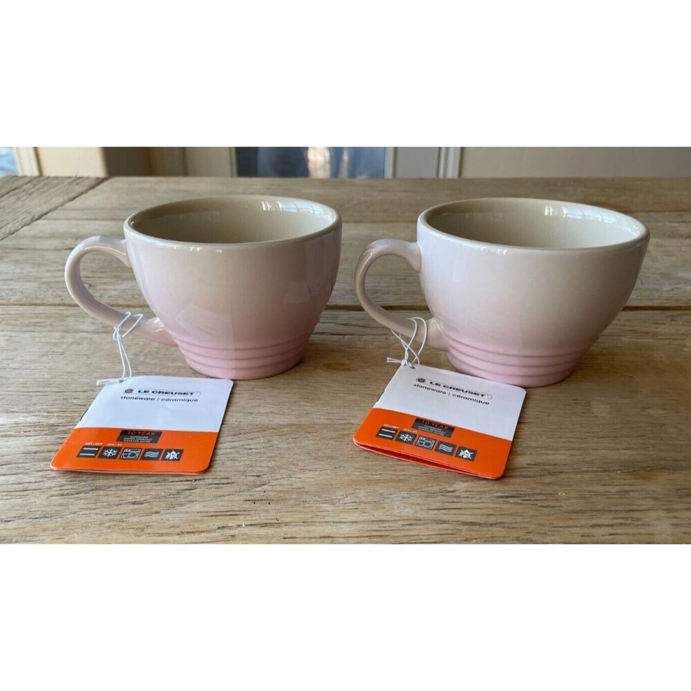 Le Creuset Stoneware Set of 2 Bistro Mug Giant Cappuccino 14 oz Shell Pink NEW - Picture 4 of 9